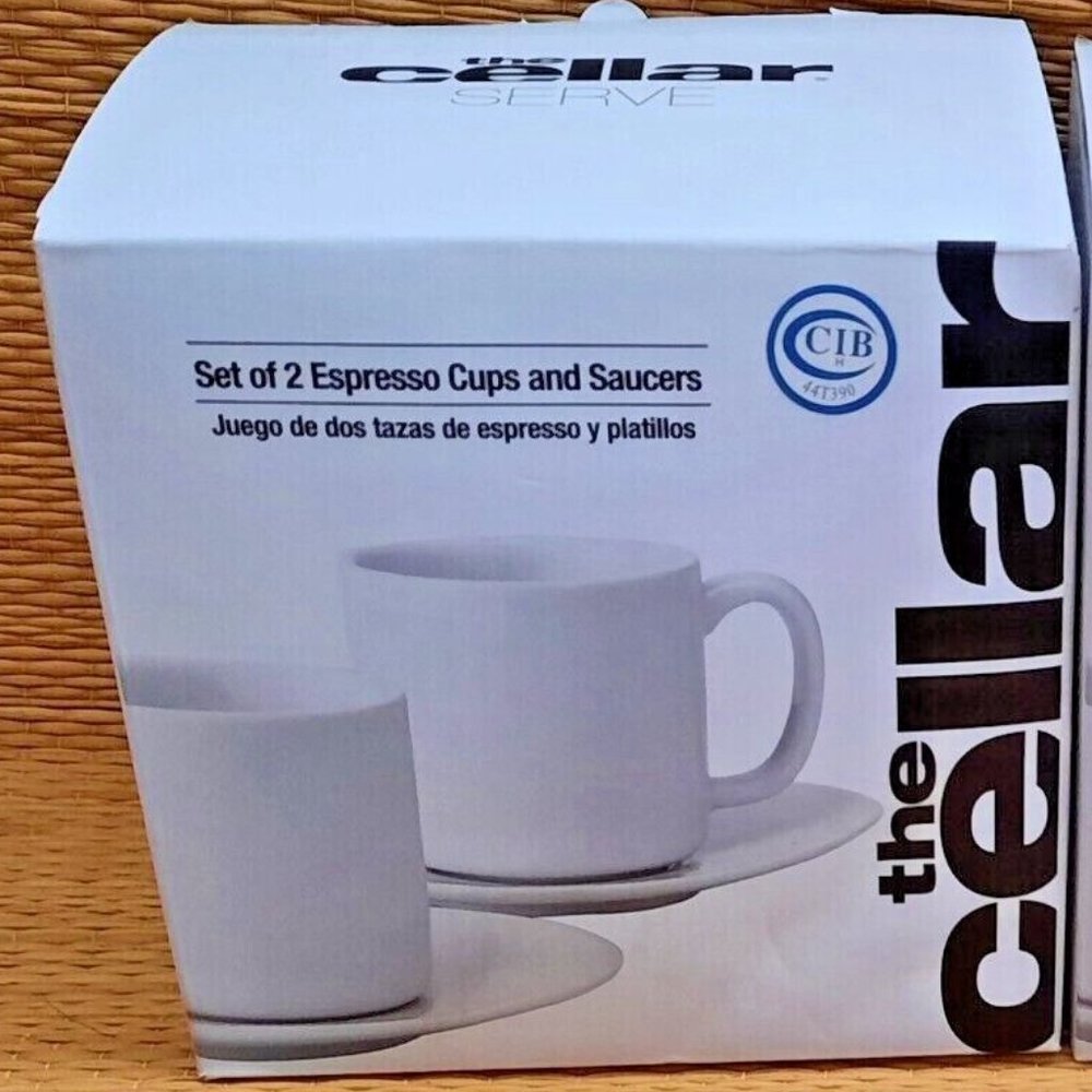 Macy's The Cellar- 2 Sets White Porcelain Expresso Cups & Saucers- NEW IN BOX